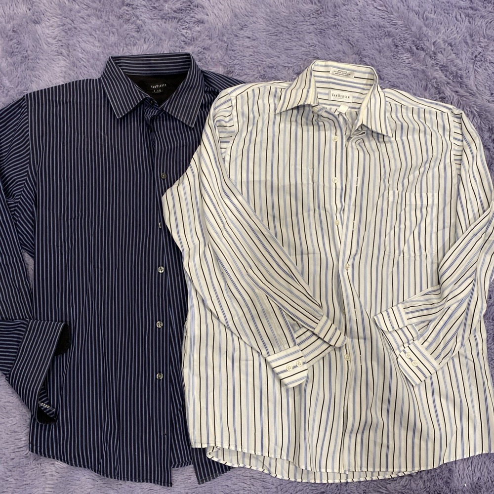 Lot of 2 Van Heusen Mens Short‎ Sleeve Button Down Size Large Shirts Navy White